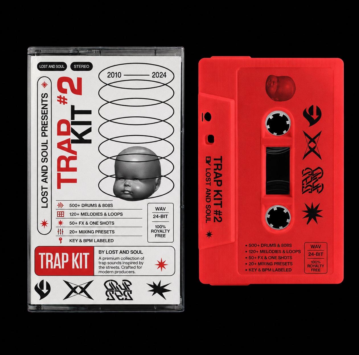 Product mockup of a cassette tape and its case: a bright red cassette shell with a small sculpted face ornament, beside a printed white J-card insert.
