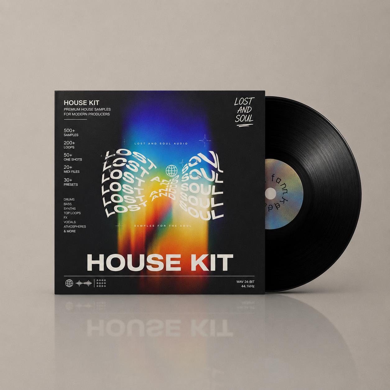 Product mockup of a vinyl record sleeve standing beside its black record: a dark cover with a warped, mirrored wordmark over a vertical rainbow gradient.